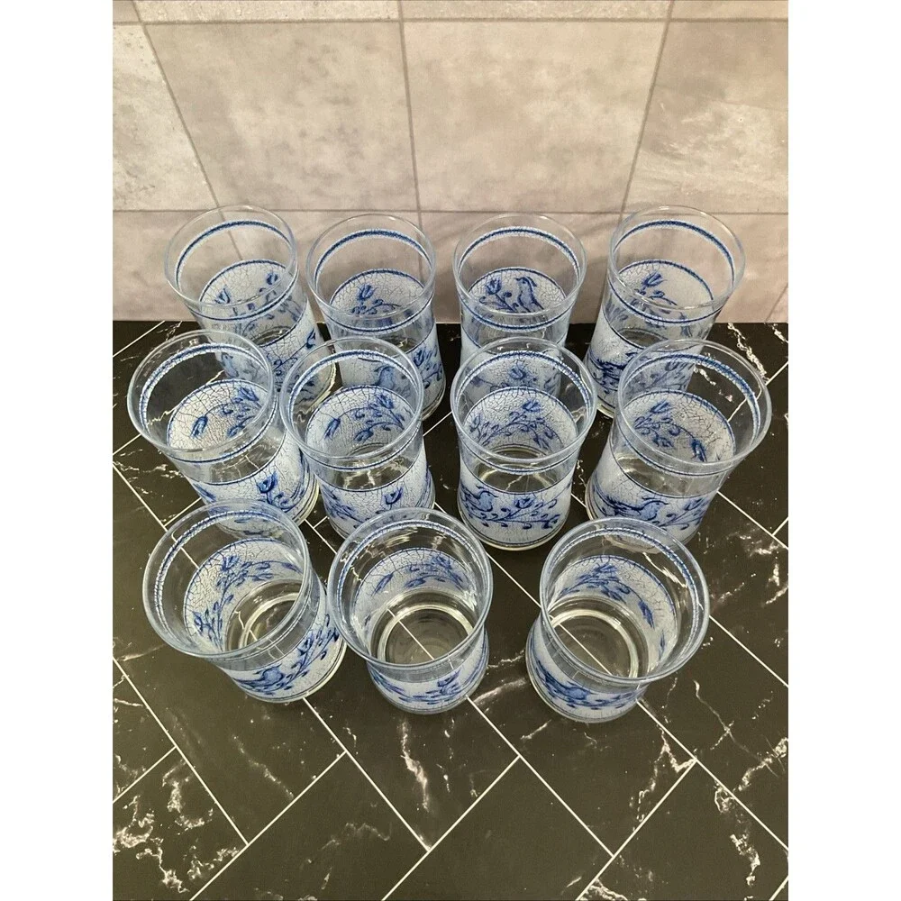 Libbey 10 oz glasses Frosted Blue bird and flower 5.25” X 2.50” Set of 11